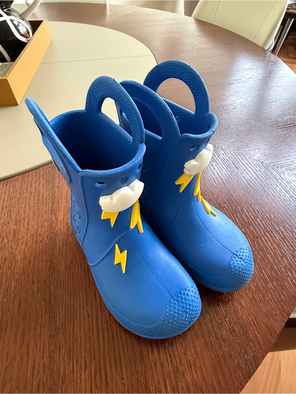 CROCS Kids Blue Rain Boots with Yellow Lightning & White Cloud